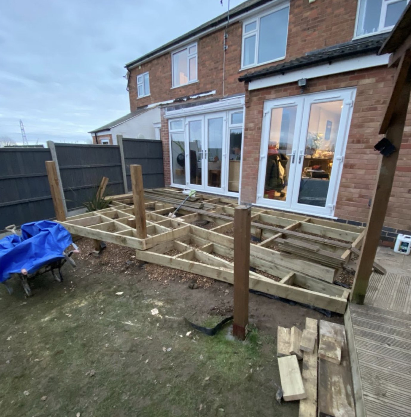 Timber decking subframe built out to a rear garden
